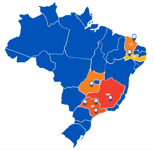 Imagem mapa - a Hapvida NotreDame Intermédica conta com 18 centros de pesquisa, sendo 7 unidades próprias localizadas nas cidades de São Paulo, Ribeirão Preto, Recife, Fortaleza, Belo Horizonte e Goiânia.