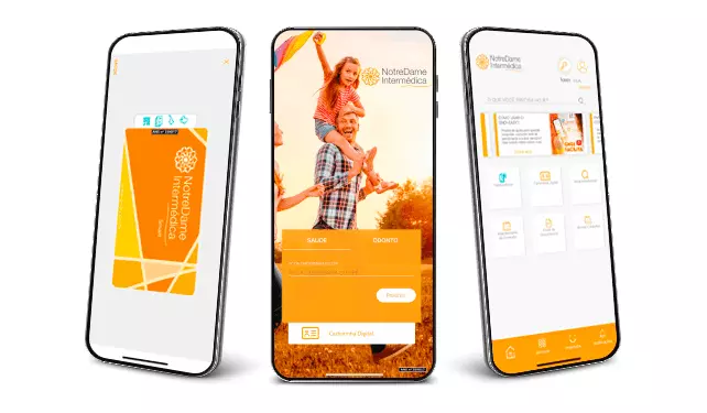 Imagem de celular com três diferentes telas do aplicativo