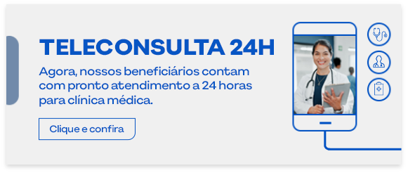 Banner informativo sobre Teleconsulta 24h, com médica em chamada de vídeo no celular.