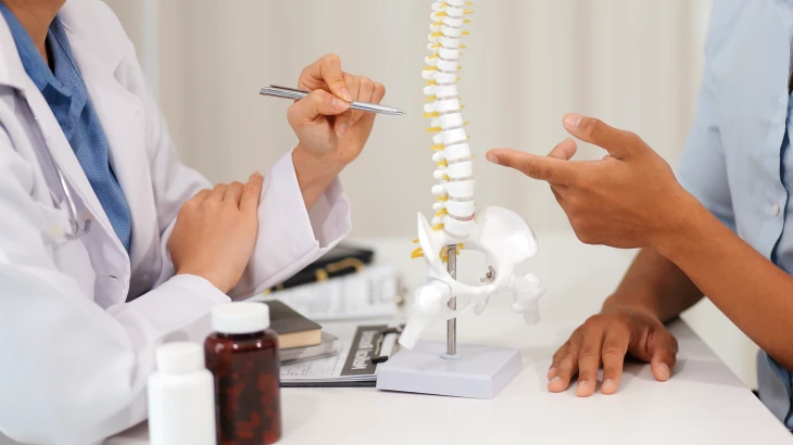Médico mostrando o desenho de uma coluna cervical