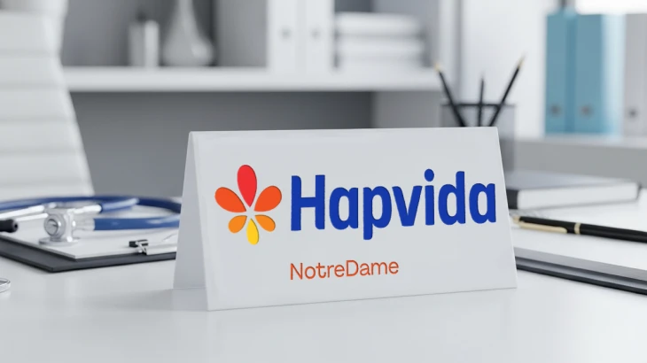 Plaquinha da Hapvida em cima da mesa do médico