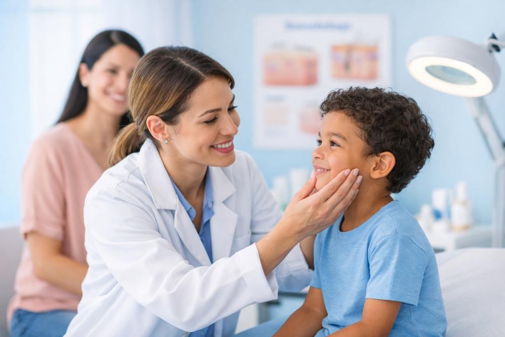 Dermatologista infantil realizando consulta de rotina em criança, com abordagem humanizada e acolhedora, em consultório claro e confortável, transmitindo cuidado e confiança no atendimento em dermatologia infantil.